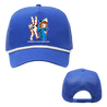 Drain's "Peace Hand Kewpie" design, printed on the front of a royal blue colored trucker hat. Hat features include 5-Panel; 3 3/4" structured crown; heavy cotton twill front; heavy mesh back; snap closure; and contrast color braids.