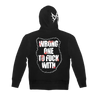 Dying Fetus's "Wrong One" design, printed on the front and back of a black Gildan zip-up hooded sweatshirt.