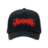 Judiciary's logo embroidered in red on the front of a black adjustable retro rope hat. Hat features include 3 3/4" structured fused crown; Premium chino heavy cotton twill front; Snap closure; Retro rope cap.