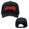 Judiciary's logo embroidered in red on the front of a black adjustable retro rope hat. Hat features include 3 3/4" structured fused crown; Premium chino heavy cotton twill front; Snap closure; Retro rope cap.