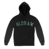 Knocked Loose's "Upon Loss Oldham" design, printed on the front and back of a black Champion brand pullover hooded sweatshirt. Hoodie features include: 9oz., 50/50 cotton/polyester, made with up to 5% recycled polyester from plastic bottles; durable coverstitching throughout; 2-ply hood; dyed-to-match drawcord; front pouch pocket; and “C” logo on left sleeve.