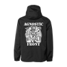 Agnostic Front's "Wing Horn Alley" design, printed on a black Independent brand quarter-zip jacket.  Jacket features include: water resistant nylon fabric, adjustable 3 panel hood with fine mesh lining, scuba neck with 1/2 length zip, hidden zipper front pocket with snaps inside front pocket flap, side slit pockets, elastic cuffs, and tightening toggle at waistband.