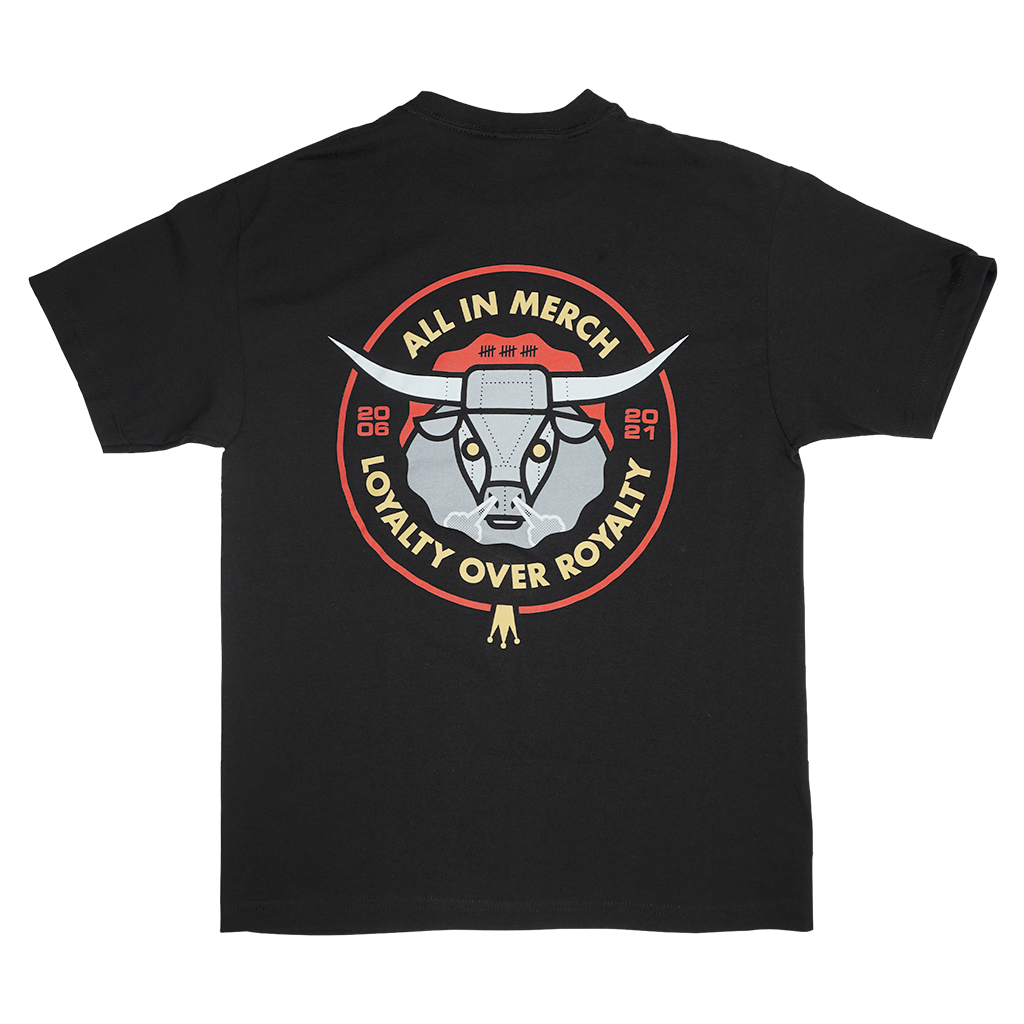 Celebrate 15 years of All In with us in this awesome Metal Ox tee! Printed on the front and back of a black Alstyle Apparel tee.  Tee features include: 6 oz. 100% preshrunk cotton, set-in rib collar with shoulder-to-shoulder taping, seamless double needle 7/8” collar, double-needle sleeve and bottom hem, and a tearaway label.