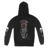 Dying Fetus's "Die With Integrity" design, printed on the front, back, and both sleeves of a black Gildan pullover hooded sweatshirt.  Hoodie features include 8 oz. 50/50 preshrunk cotton/polyester; air jet yarn for a softer feel and reduced pilling; double-lined hood with color-matched drawcord; double needle stitching at shoulder, armhole, neck, waistband and cuffs; pouch pocket; 1 x 1 rib with spandex; quarter-turned to eliminate center crease; and a tearaway label.