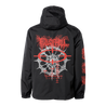 Full Of Hell's "Vessel Deserted" design, printed on the front and back of a black Independent Apparel hooded quarter-zip water-resistant windbreaker anorak jacket.  Jacket features include: water resistant nylon fabric, adjustable 3 panel hood with fine mesh lining, scuba neck with 1/2 length zip, hidden zipper front pocket with snaps inside front pocket flap, side slit pockets, elastic cuffs, and tightening toggle at waistband.