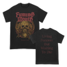 Fuming Mouth's Spirits Chain design with multi-color front printed illustration and back print with the words "Living Forever But Waiting To Die" on a black Comfort Colors tee. 