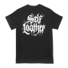 Ghost Bath "Self Loather Text Logo Tee," printed on the front and back of a black Gildan Apparel tee.  Tee features include 5.3 oz., 100% preshrunk cotton; classic fit; seamless double needle 7/8” collar; taped neck and shoulders; double needle sleeve and bottom hems; quarter-turned to eliminate center crease; and a tearaway label.