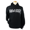 Ends Of Sanity's logo, printed in white on the front of a black Champion Apparel pullover hooded sweatshirt.  Hoodie features include: 9oz., 50/50 cotton/polyester, made with up to 5% recycled polyester from plastic bottles; durable coverstitching throughout; 2-ply hood; dyed-to-match drawcord; front pouch pocket; and “C” logo on left sleeve.