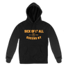 Sick Of It All "Queens Varsity Arch" design, printed on the front and back of a black Gildan brand heavy blend pullover hooded sweatshirt.  Hoodie features include 8 oz. 50/50 preshrunk cotton/polyester; air jet yarn for a softer feel and reduced pilling; double-lined hood with color-matched drawcord; double needle stitching at shoulder, armhole, neck, waistband and cuffs; pouch pocket; 1 x 1 rib with spandex; quarter-turned to eliminate center crease; and a tearaway label.
