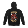 Sick Of It All's "Smoke Dragon" design, printed on the front and back of a black Gildan zip hood.  Zip hood features include 8 oz., 50/50 preshrunk cotton/polyester blend fabric; classic fit; air jet yarn for softer feel and reduced pilling; unlined hood with color-matched drawcord; metal zipper; pouch pockets; double-needle stitching at shoulders, armholes, neck, waistband, and cuffs; 1x1 rib with spandex for enhanced stretch and recovery; and a grey pearlized tearaway label.