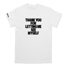 Turnstile's "THANK YOU" tour design, printed on the front, back, and right sleeve of a white cotton tee shirt.