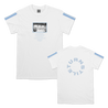 Turnstile's "Never Enough Studio" design, printed on the front, back, and both sleeves of a white tee with a custom woven tag.