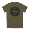 Angel Dust's "Dust Dot Logo" design, printed on the front and back of a military green alstyle/american apparel tee.