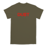 Angel Dust's "Dust Dot Logo" design, printed on the front and back of a military green alstyle/american apparel tee.
