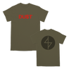 Angel Dust's "Dust Dot Logo" design, printed on the front and back of a military green alstyle/american apparel tee.