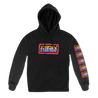 Drain's "Badge" design, printed on the front, back and both sleeves of a black Gildan pullover hooded sweatshirt.