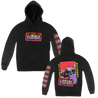 Drain's "Badge" design, printed on the front, back and both sleeves of a black Gildan pullover hooded sweatshirt.