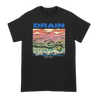 Drain's "California Cursed" design printed on the front of a black Gildan cotton tee. The Revelation Records logo is printed on the back.