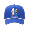 Drain's "Peace Hand Kewpie" design, printed on the front of a royal blue colored trucker hat. Hat features include 5-Panel; 3 3/4" structured crown; heavy cotton twill front; heavy mesh back; snap closure; and contrast color braids.
