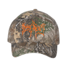 Dying Fetus's logo embroidered in orange on the front of a real tree camo hat.