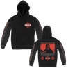 Dying Fetus's "Razed In Defeat" design, printed on the front, back, and both sleeves of a black Gildan pullover hooded sweatshirt.