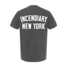Incendiary's "Coffin Arch" design, printed on the front and back of a Pepper Comfort Colors pocket tee.