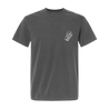 Incendiary's "Coffin Arch" design, printed on the front and back of a Pepper Comfort Colors pocket tee.