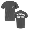 Incendiary's "Coffin Arch" design, printed on the front and back of a Pepper Comfort Colors pocket tee.