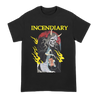 Incendiary's "Deserves a Brick" design printed on the front and back of a black American Apparel shirt.