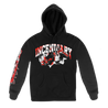 Incendiary's "New Henbo" design, printed on the front, back, and sleeve of a Champion pullover hooded sweatshirt.