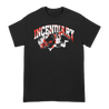 Incendiary's "New Henbo" design printed on the front and back of a black Gildan (medium-XXL) or Hanes (small) t-shirt. 