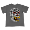 Incendiary's "Henbo Bones Skull" design, printed on the front and back of a pepper Comfort Colors tee.