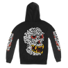 Incendiary "Henbo Bones Skull" design, printed on the front, back and both sleeves of a black colored Champion Apparel pullover hood.