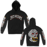 Incendiary "Henbo Bones Skull" design, printed on the front, back and both sleeves of a black colored Champion Apparel pullover hood.