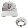 Incendiary's "Product Coffin" design, embroidered in purple thread on the front and back of a white dad cap. Back of cap features the band's name embroidered above the closure.