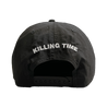 Killing Time's "Brightside" embroidered in gold on the front of a black AS Colour brand black surf cap. "Killing Time" embroidered in white on the back.