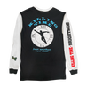 Killing Time's "Raw Deal" design, printed on the front, back and right sleeve of a black and white Gildan brand Softstyle longsleeve. Hand sewn patches on the front and left sleeve from Grace Kim. Limited edition.