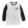 Killing Time's "Brightside" design, printed on the front and back of a white and black Gildan brand Softstyle longsleeve. Hand sewn patches on the front and left sleeve from Grace Kim. Limited edition.