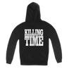 Killing Time's "Roses" design, printed on the front and back of a black Champion Hoodie.