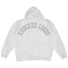 Knocked Loose's "KLMF Large Arch" design, printed on the front and back of a silver grey Champion brand pullover hooded sweatshirt.