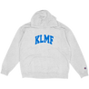 Knocked Loose's "KLMF Large Arch" design, printed on the front and back of a silver grey Champion brand pullover hooded sweatshirt.