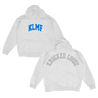 Knocked Loose's "KLMF Large Arch" design, printed on the front and back of a silver grey Champion brand pullover hooded sweatshirt.