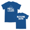 Knocked Loose's "Blinding Faith" design, printed on the front and back of a royal American Apparel/Alstyle tee.