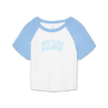 Knocked Loose's "KLMF Cross Overlay" design, printed on the front and back of a white and baby blue color Bella and Canvas raglan crop top.