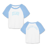 Knocked Loose's "KLMF Cross Overlay" design, printed on the front and back of a white and baby blue color Bella and Canvas raglan crop top.