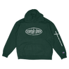 Knocked Loose's "Don't Reach Oval" design, printed on the front, back and left sleeve of a forest green Gildan hoodie.