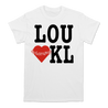 Knocked Loose's "I Heart KL" design, printed on the front and upper back of a white LA Apparel tee.