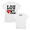 Knocked Loose's "I Heart KL" design, printed on the front and upper back of a white LA Apparel tee.