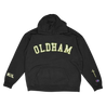 Knocked Loose's "Oldham Lights" design, printed on the front, back and both lower sleeves of a black Champion brand pullover hooded sweatshirt.