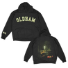 Knocked Loose's "Oldham Lights" design, printed on the front, back and both lower sleeves of a black Champion brand pullover hooded sweatshirt.